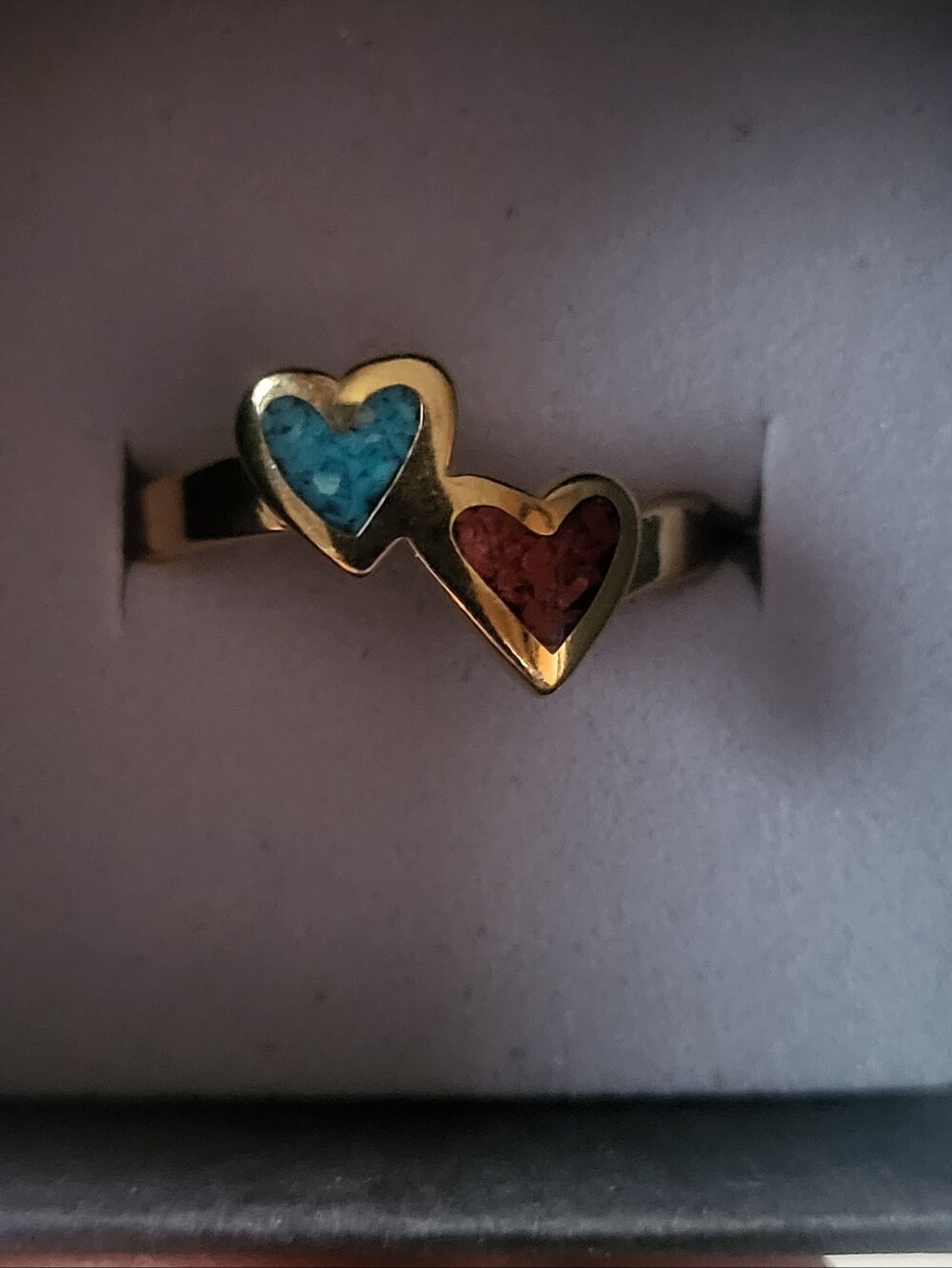 Vintage Southwestern Double Heart Bypass Ring Turquoise Coral Chip Inlay
